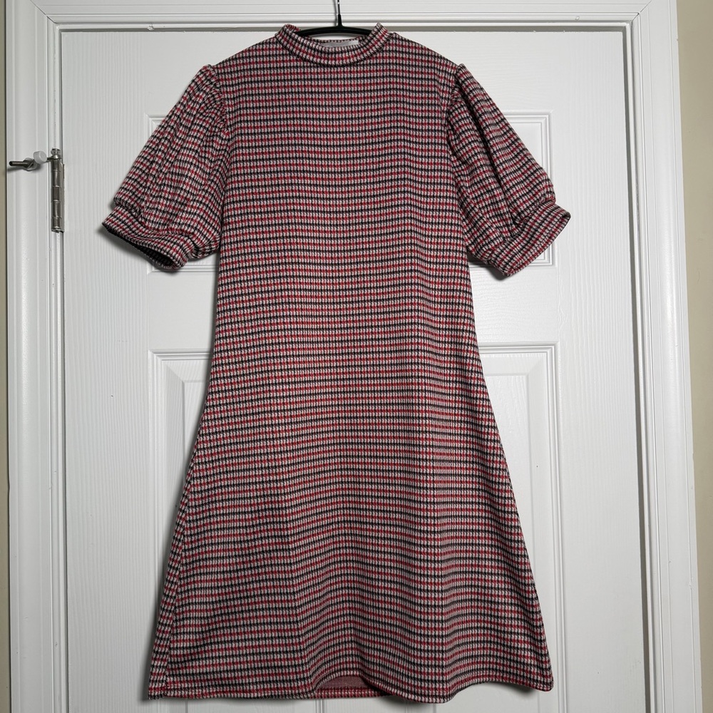 Black,Red, & White Houndstooth Mini Dress With Puffed Sleeves Retro Vibes